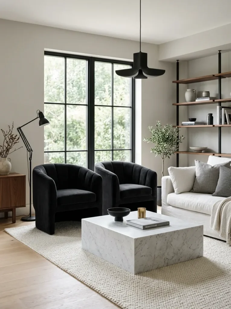 Add black boucle or velvet seating