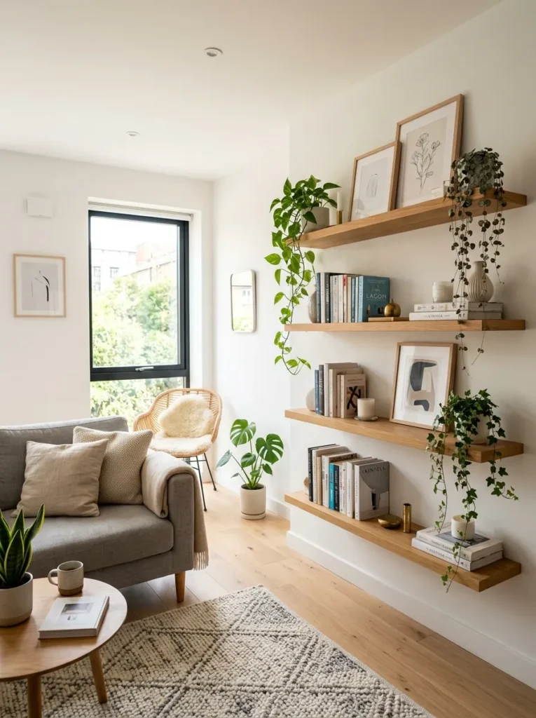 Add floating shelves instead of bulky furniture
