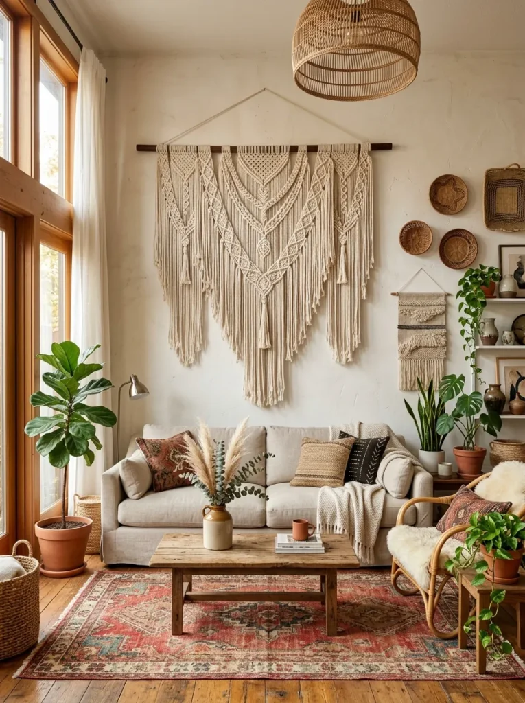 Add macrame or woven wall hangings