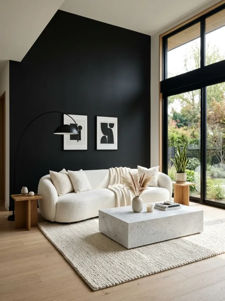 Add a black accent wall behind light furniture