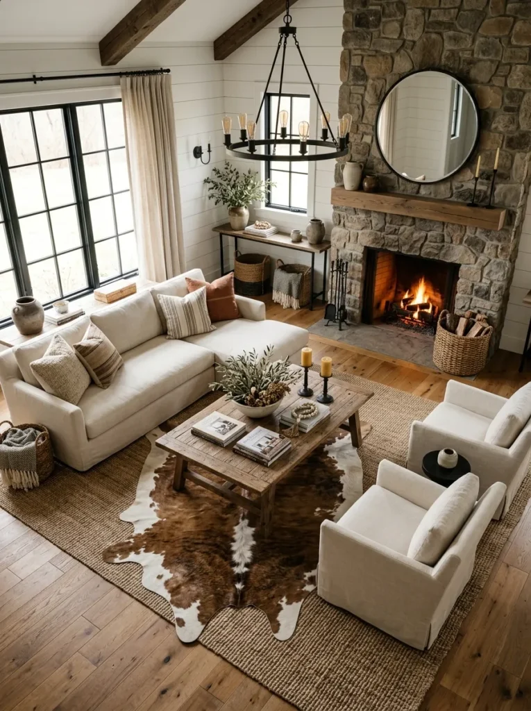 Add a cowhide or faux cowhide rug