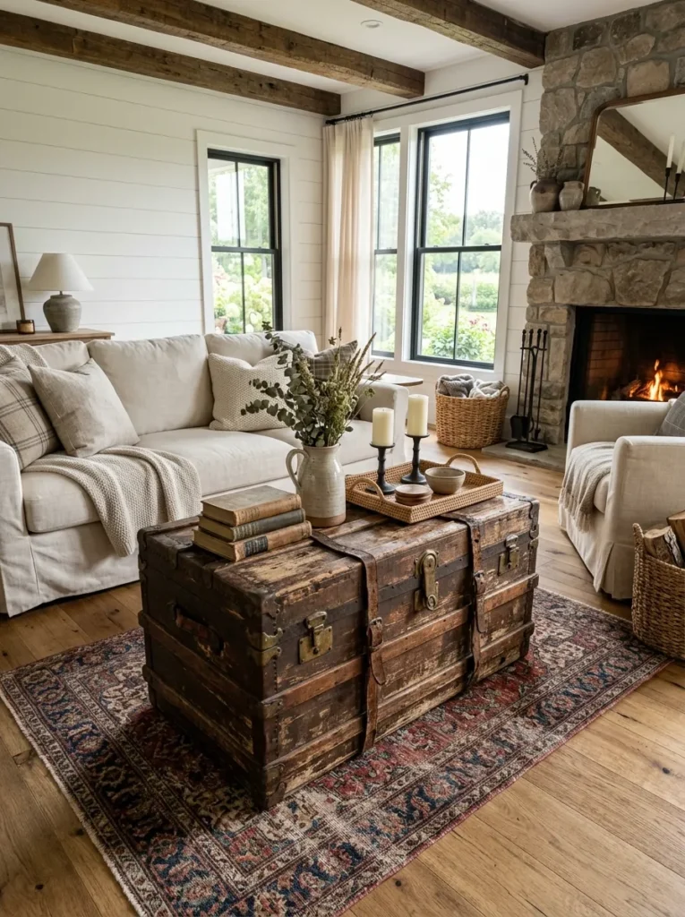 Add a vintage trunk as a coffee table