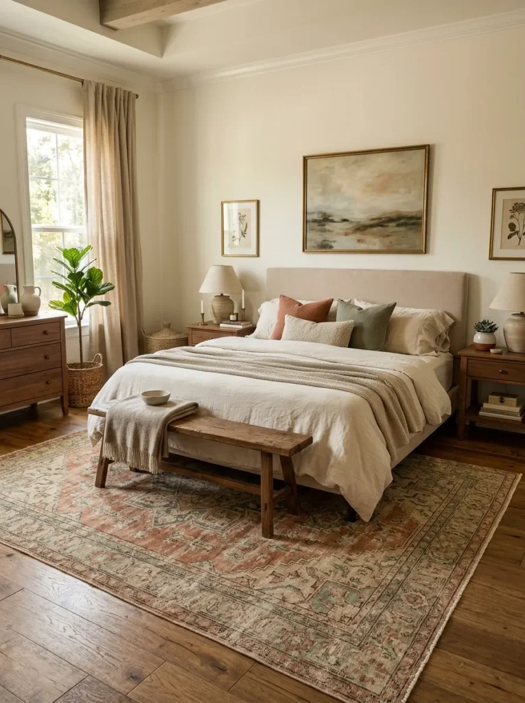 Add a vintage or worn looking rug