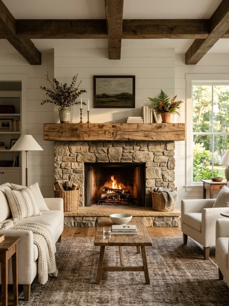 Add a wood beam mantel shelf