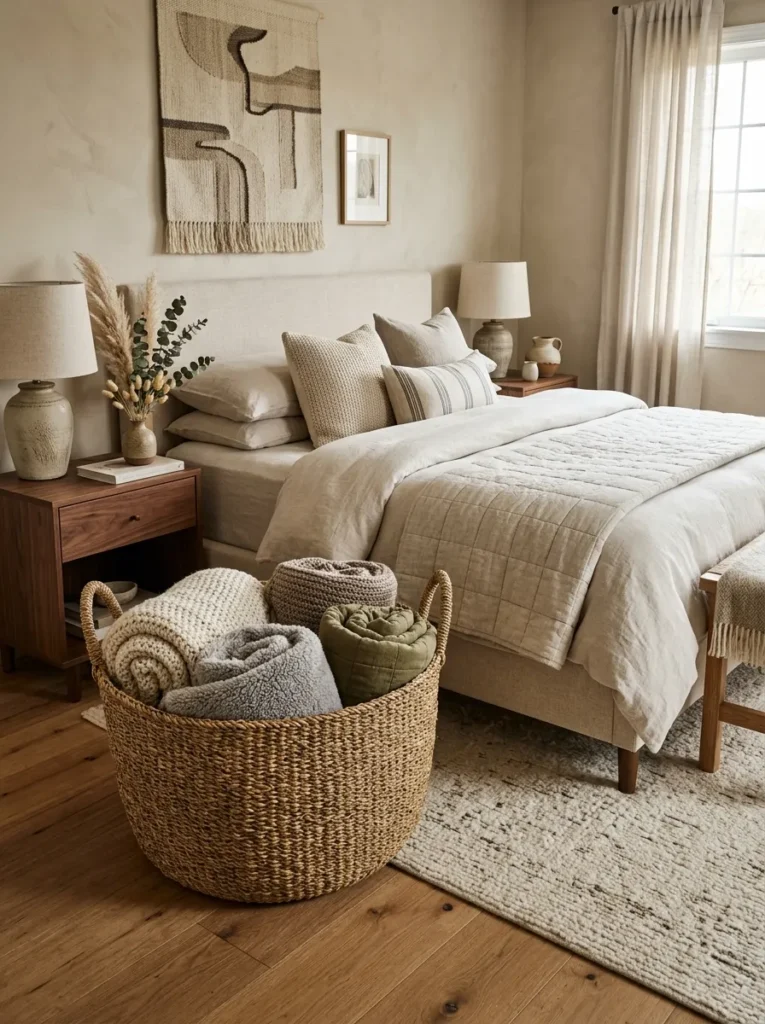 Add a woven basket for throw storage