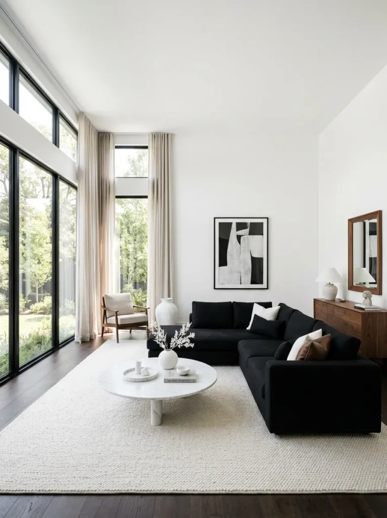 Balance heavy black with airy white space