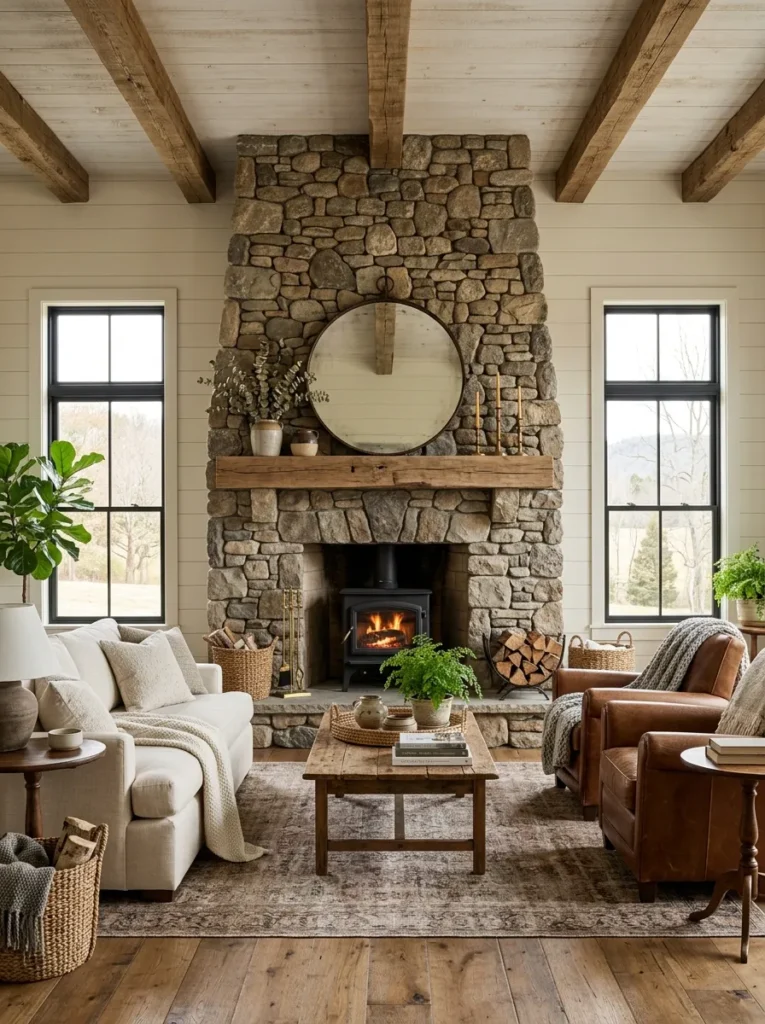 Choose a stone or brick fireplace surround