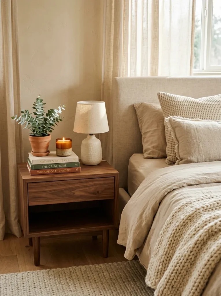 Keep nightstand styling simple and warm