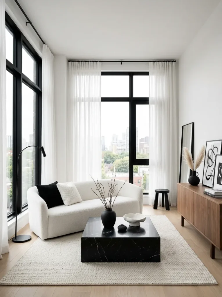 Use sheer white curtains against black trim