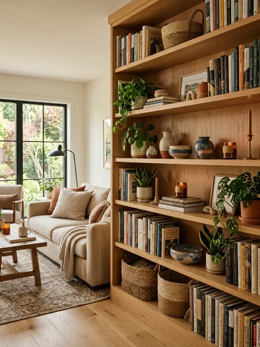 Use warm wood tones on shelving