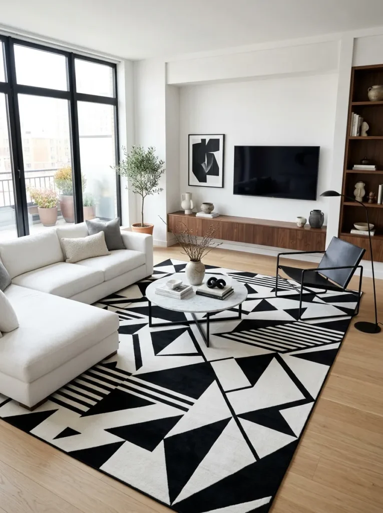 Use a graphic black and white rug as the anchor